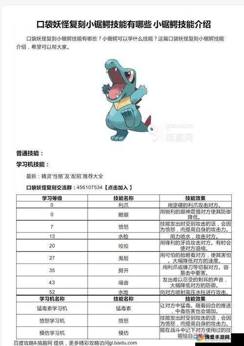口袋妖怪复刻小锯鳄进化一览与小锯鳄属性图鉴的演变史